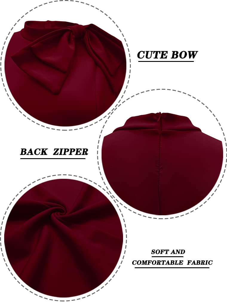 LAGSHIAN Women Fashion Peplum Bodycon Short Sleeve Bow Club Ruffle Pencil Party Dress Wine Red - Image 2